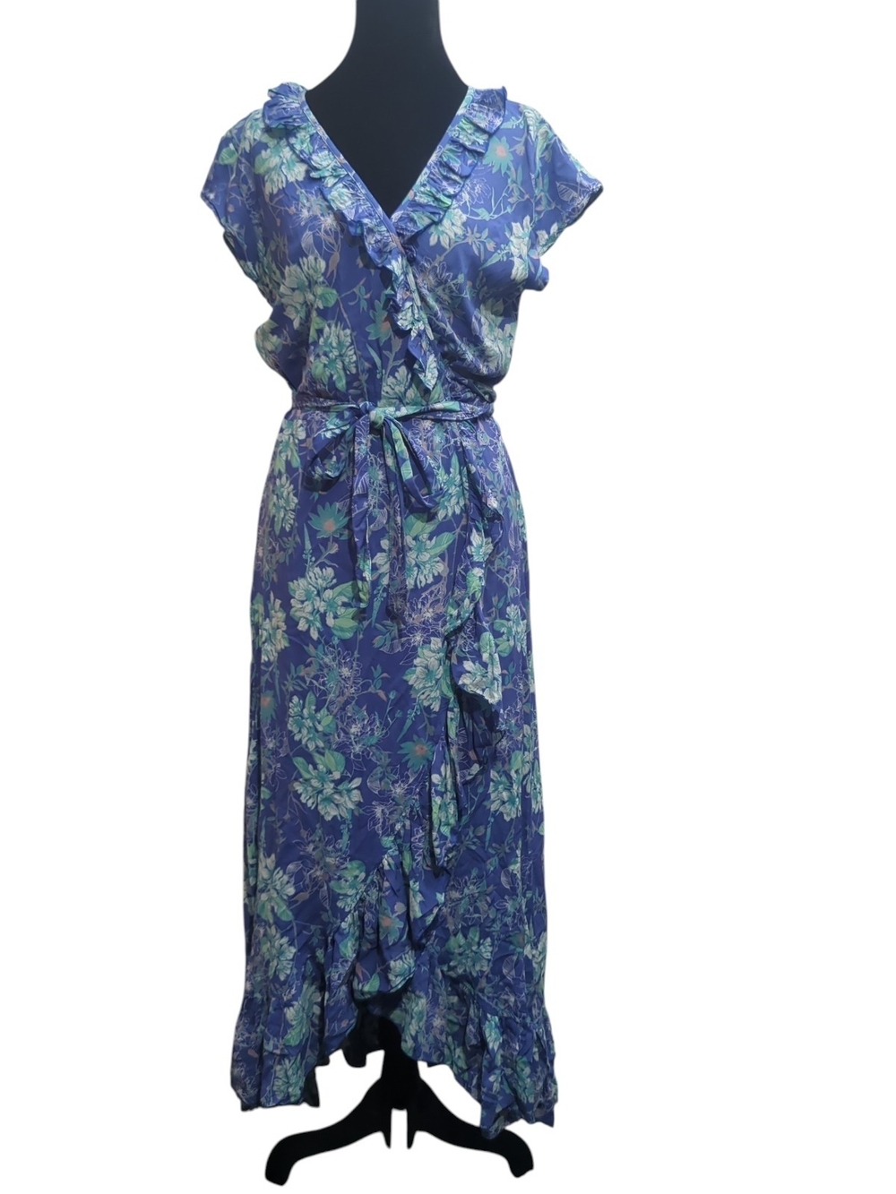 Walker & Wade Med Voyager Maxi Wrap Dress Blue Floral Resortwear Handmade Luxury